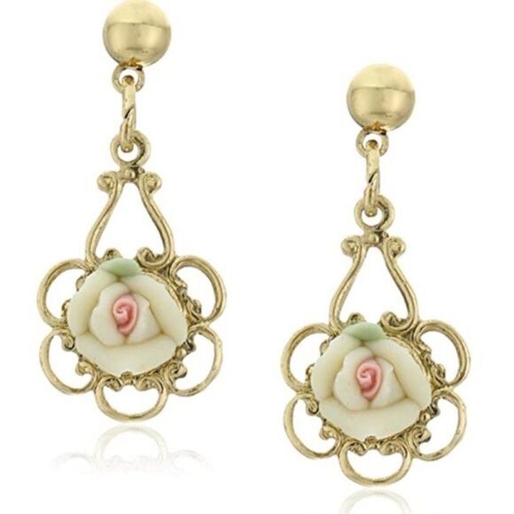1928 Yellow Gold and Porcelain Ivory Rose Dangling Post Back Earrings - Picture 1 of 7